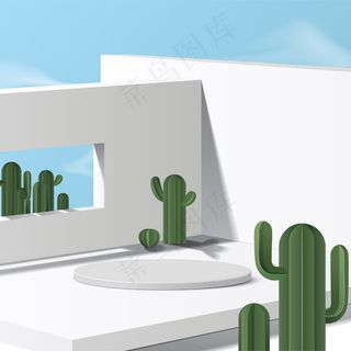 圆柱形白色讲台，天空背景和仙人掌。产品展示、化妆品展示现场、讲台、台座或平台。简单清洁