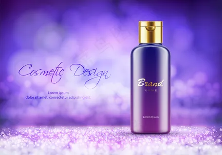 化妆品产品广告海报模板。豪华的奶油或沐浴露塑料瓶。包装模型样机。紫色背景上的真实三维矢量插图