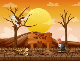 世界野生动物日标志，干燥森林中的动物
