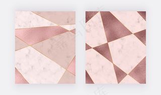 大理石的几何设计带有粉红色和玫瑰金的三角形箔状纹理，金色的多边形线条。