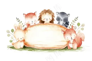 可爱的林地动物，带木质标志模板水彩插图