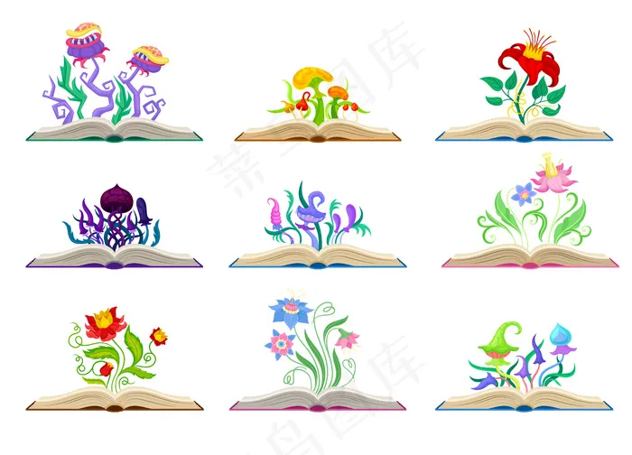 收集了不同的神奇蘑菇和鲜花。白底插图。