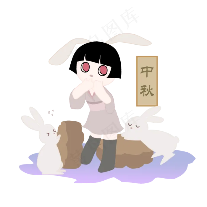 中秋节可爱玉兔月饼兔子女孩(2000X2000(DPI:300))psd模版下载