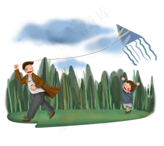 秋分手绘放风筝的父子