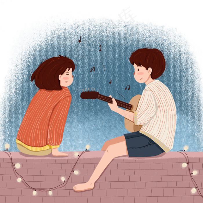卡通七夕男女弹吉他恩爱图