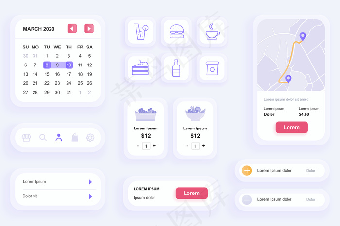 食品配送手机app移动应用程序appui、ux工具包的Gui元素eps,ai矢量模版下载