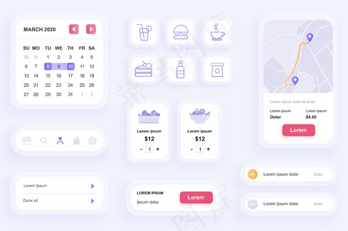 食品配送手机app移动应用程序appui、ux工具包的Gui元素eps,ai矢量模版下载