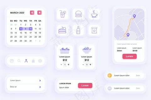 食品配送手机app移动应用程序appui、ux工具包的Gui元素