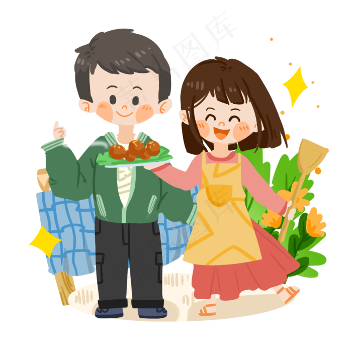 七夕卡通情侣一起做饭PNG素材