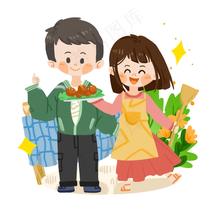 七夕卡通情侣一起做饭PNG素材(3000X3000(DPI:300))psd模版下载
