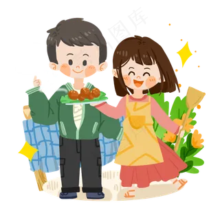 七夕卡通情侣一起做饭PNG素材