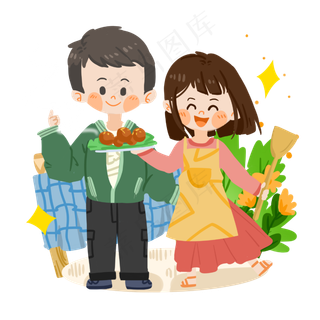七夕卡通情侣一起做饭PNG素材
