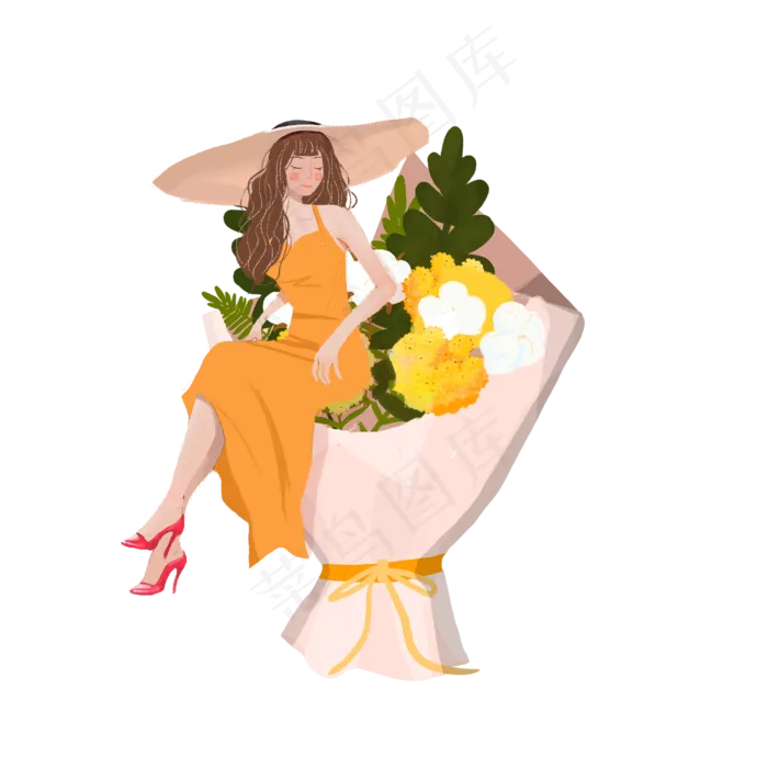 七夕情人节鲜花少女png素材(2000X2000(DPI:300))psd模版下载