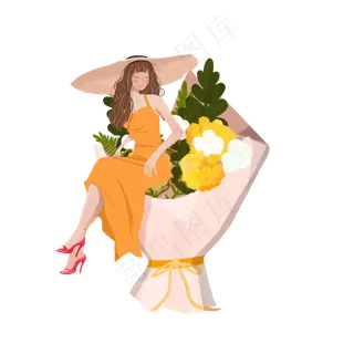 七夕情人节鲜花少女png素材