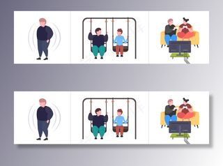 设置肥胖者不同姿势肥胖男女人物集合肥胖不健康的生活方式理念