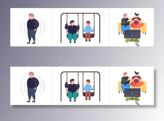 设置肥胖者不同姿势肥胖男女人物集合肥胖不健康的生活方式理念