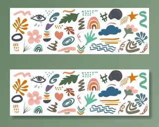 手绘各种形状和物体作为背景。大套涂鸦抽象现代潮流。