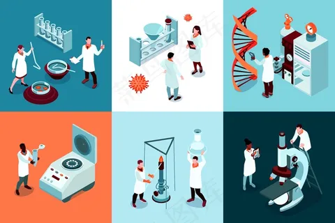 具有一组方形组合物的等距科学实验室设计概念
