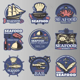 海产品徽章颜色与最高质量的海鲜产品海鲜餐厅新鲜鱼龙虾酒吧描述