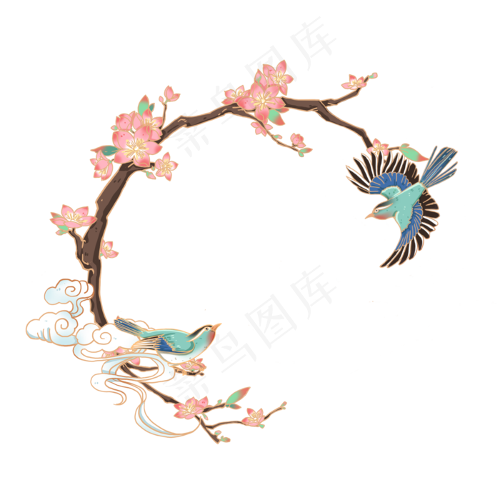 国潮七夕桃花喜鹊边框