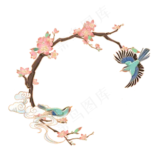 国潮七夕桃花喜鹊边框