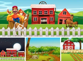 动物农场卡通风格的不同农场场景集