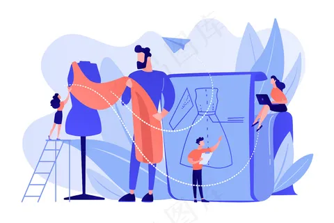 时装设计师在人体模型样机上用布料制作服装图案。服装设计，美容设计师，服装设计服务理念。粉珊瑚蓝载体独立插图