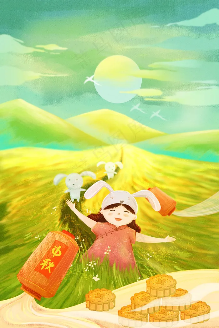 中秋节月饼兔子月亮(3545*5315px 300 dpi )psd模版下载