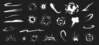 滑稽的能量爆炸。卡通火焰烟雾云，速度击中vfx效果和宣传片闪光爆炸矢量插图集