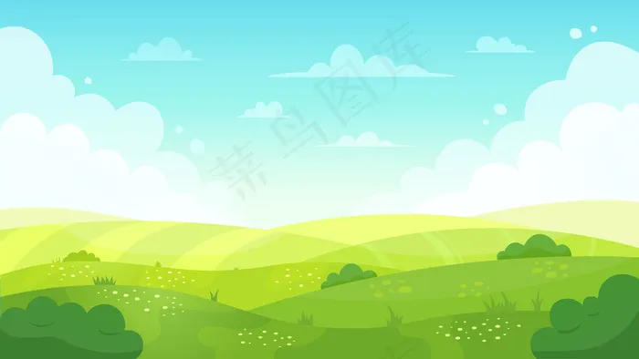 卡通草地景观。夏季绿地景观，春季草坪山和蓝天，绿地草地景观背景说明。春、夏草地景观