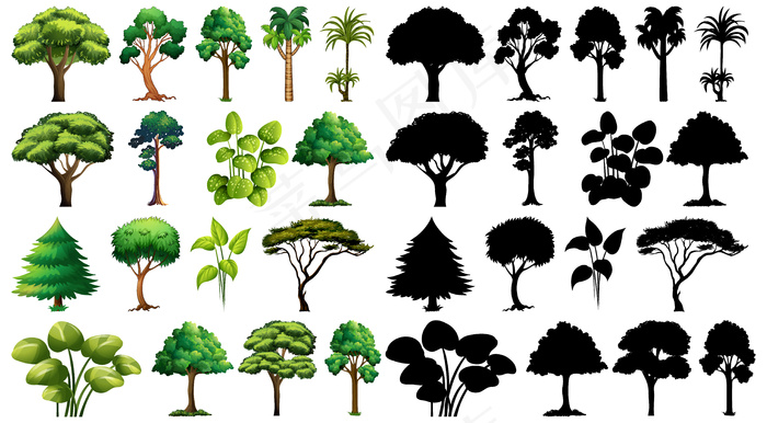 一套植物和树木的轮廓