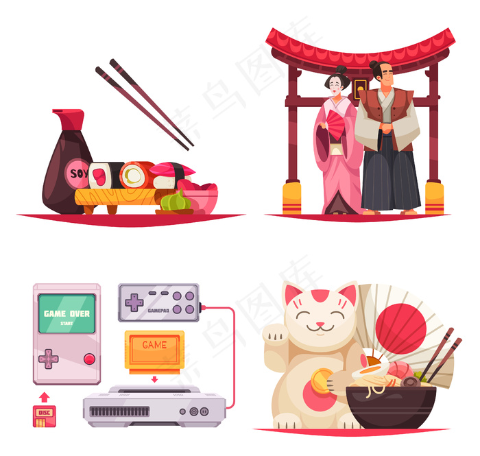一组四个独立的组成与日本，寿司面，传统服装和游戏机的刻板印象
