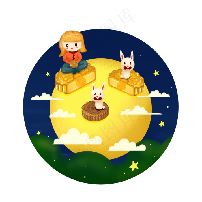卡通中秋节户外赏月的女孩和兔子