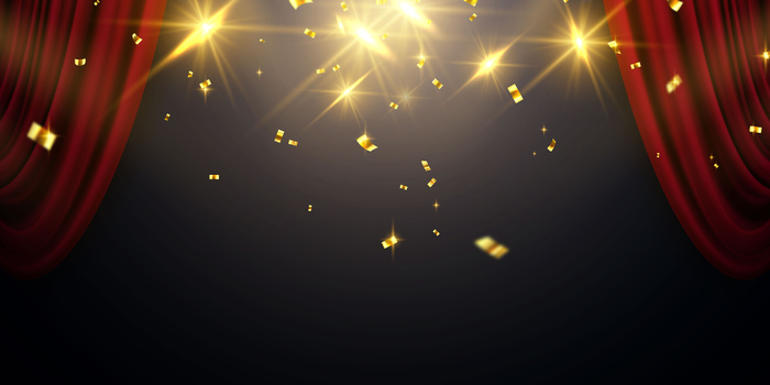 红色窗帘背景。盛大开幕活动设计。五彩纸屑金丝带。