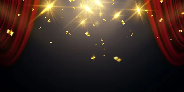 红色窗帘背景。盛大开幕活动设计。五彩纸屑金丝带。