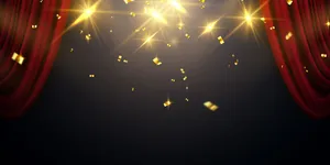 红色窗帘背景。盛大开幕活动设计。五彩纸屑金丝带。