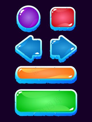 一套游戏界面彩色果冻按钮图标与冻结冰