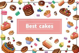 卡通糖果色彩丰富的组成与蛋糕馅饼片甜甜圈松饼纸杯蛋糕杏仁饼干浆果和坚果在框架