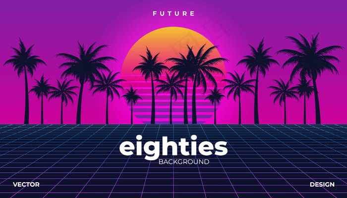 Retrowave，赛博霓虹背景棕榈树景观80年代eps,ai矢量模版下载