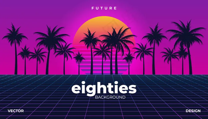 Retrowave，赛博霓虹背景棕榈树景观80年代eps,ai矢量模版下载