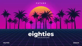 Retrowave，赛博霓虹背景棕榈树景观80年代