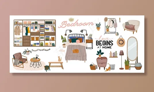 时尚的斯堪的纳维亚卧室内部-床，沙发，衣柜，镜子，床头柜，植物，灯，家居装饰品。舒适舒适的现代公寓。插图