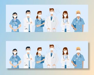 前线英雄，医生和护士戴着面具的人物插图。