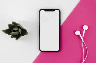 带耳机和植物的平板智能手机模型样机