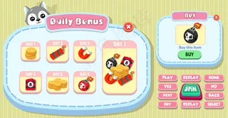 休闲卡通儿童游戏界面每日奖金和购买菜单弹出明星，按钮和猫