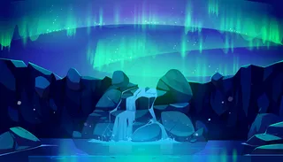 夜空和瀑布中的北极光