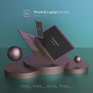 手机和笔记本电脑在抽象场景中飞行