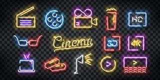 一套逼真的电影标志霓虹灯标志，用于模板装饰和邀请覆盖在透明背景上。