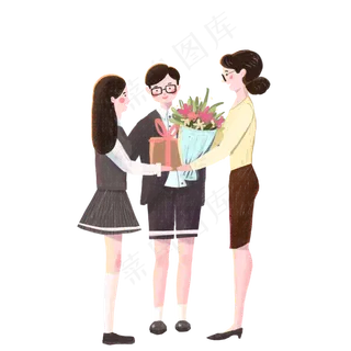 卡通同学送老师鲜花