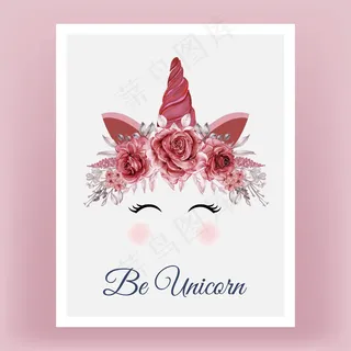 独角兽冠水彩花玫瑰红勃艮第手绘插图
